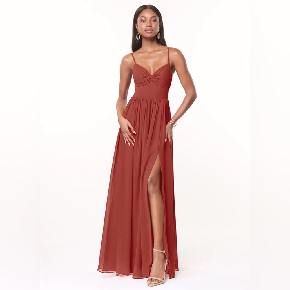 Azazie Terracotta A-Line V-Neck Pleated Chiffon Bridesmaid Dress - size 2